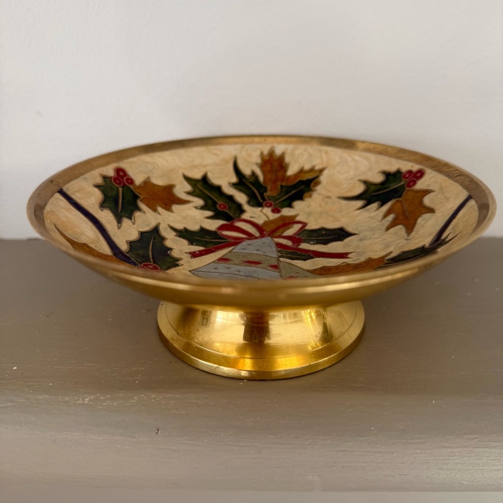 Cloisonné‎ Bowl Christmas Bells & Holly Brass Enamel Handle Candy Dish Vintage